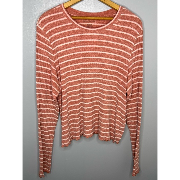 American Eagle Outfitters Tops - AMERICAN EAGLE OUTFITTERS Pink Striped Lettuce Hem Long Sleeve Top